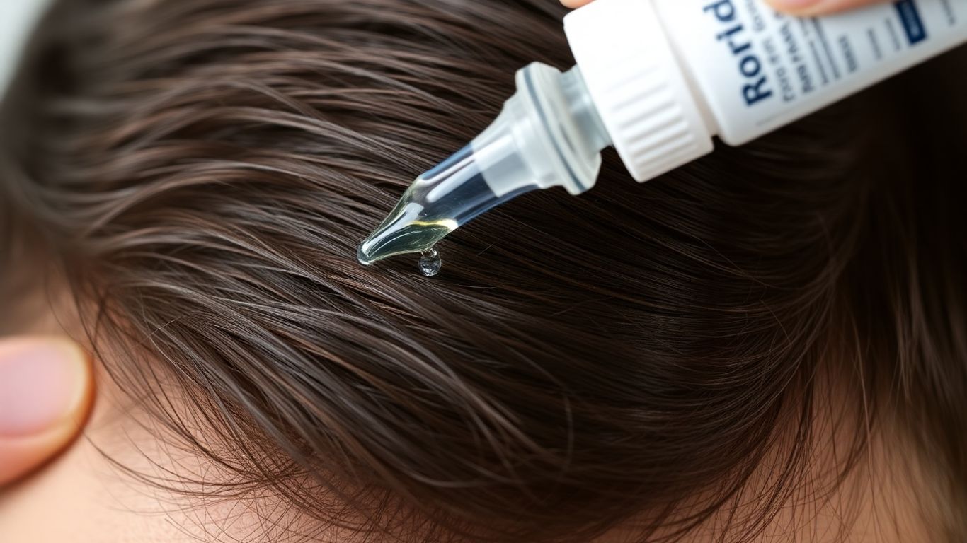Applying Rogaine minoxidil for hair regrowth on scalp.