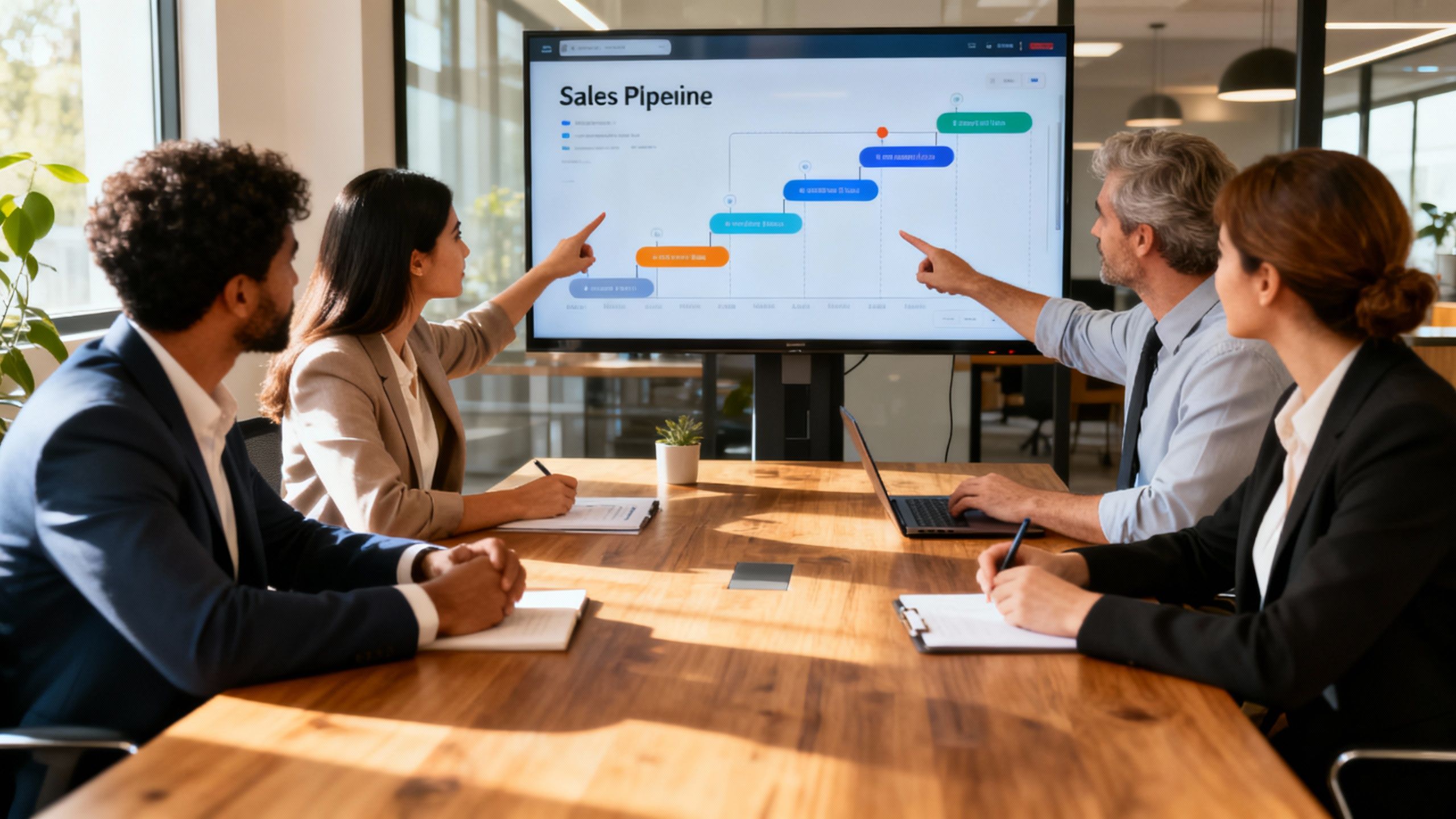 Team working on a CRM interface, discussing sales pipeline.