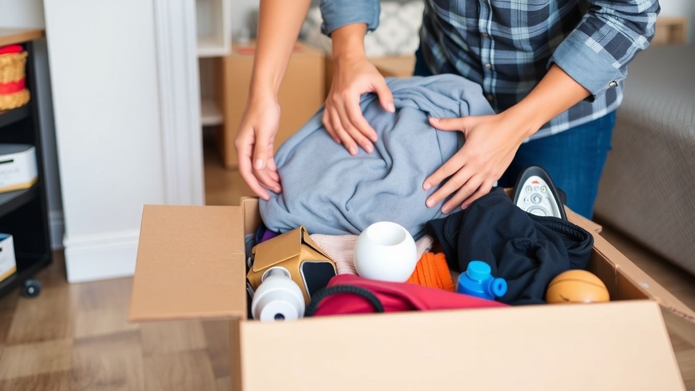 Persona empacando pertenencias en una caja.