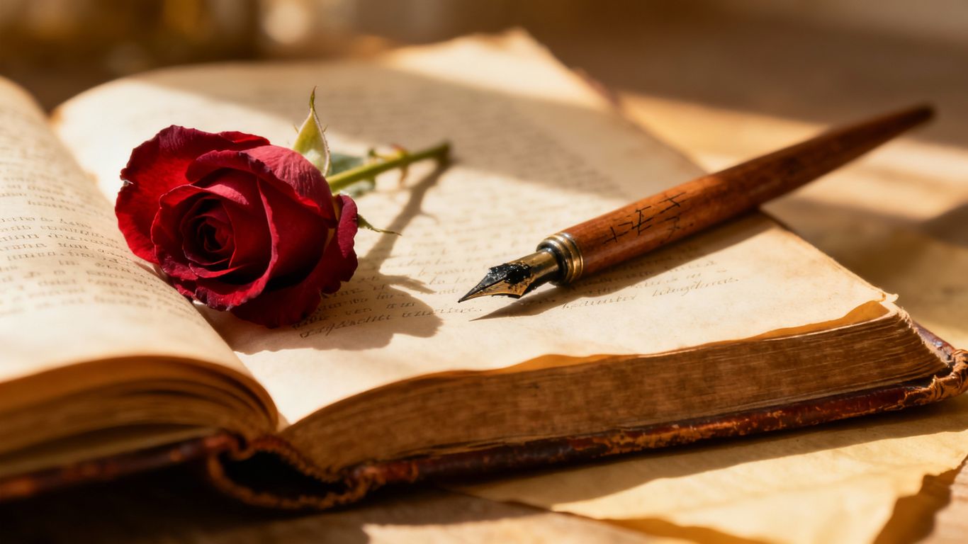 Classic romance symbols from literature, a rose on a book.