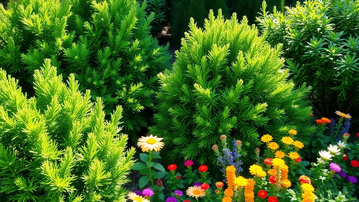 Immergrüne und bunte Blumen in einem Gartenbeet