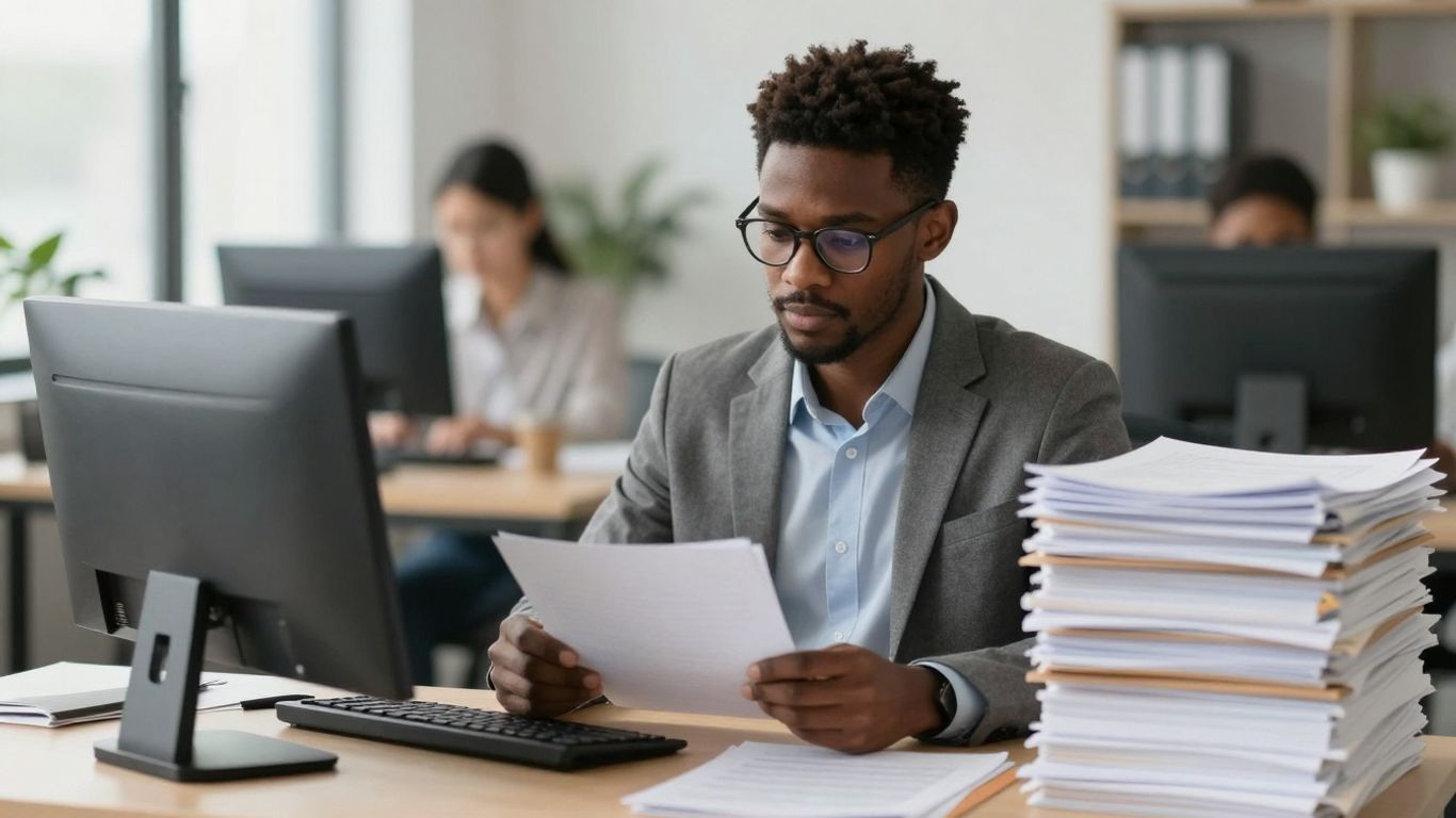 Trabajador productivo en oficina con proyectos completados.