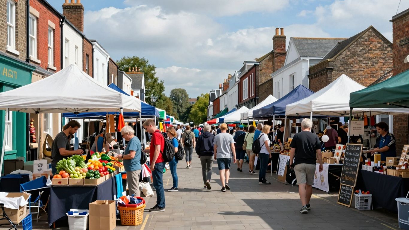 UK street market with vendors and shoppers.