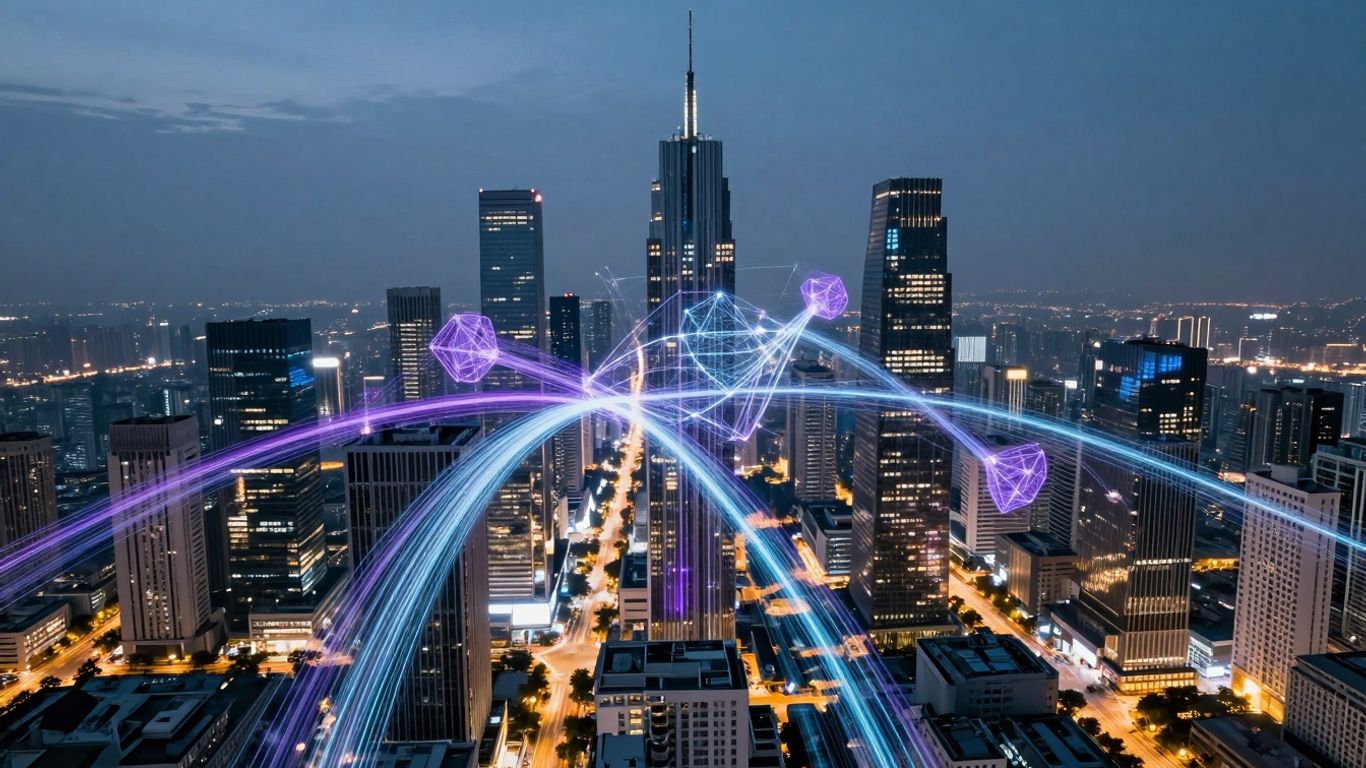 Futuristic cityscape with digital streams and geometric shapes.