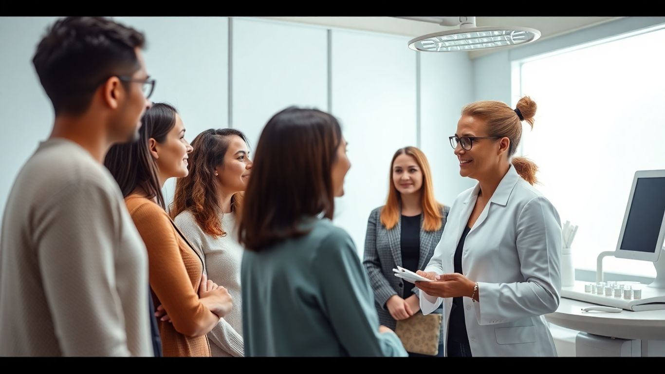 Aesthetics clinic consultation with professional and clients.