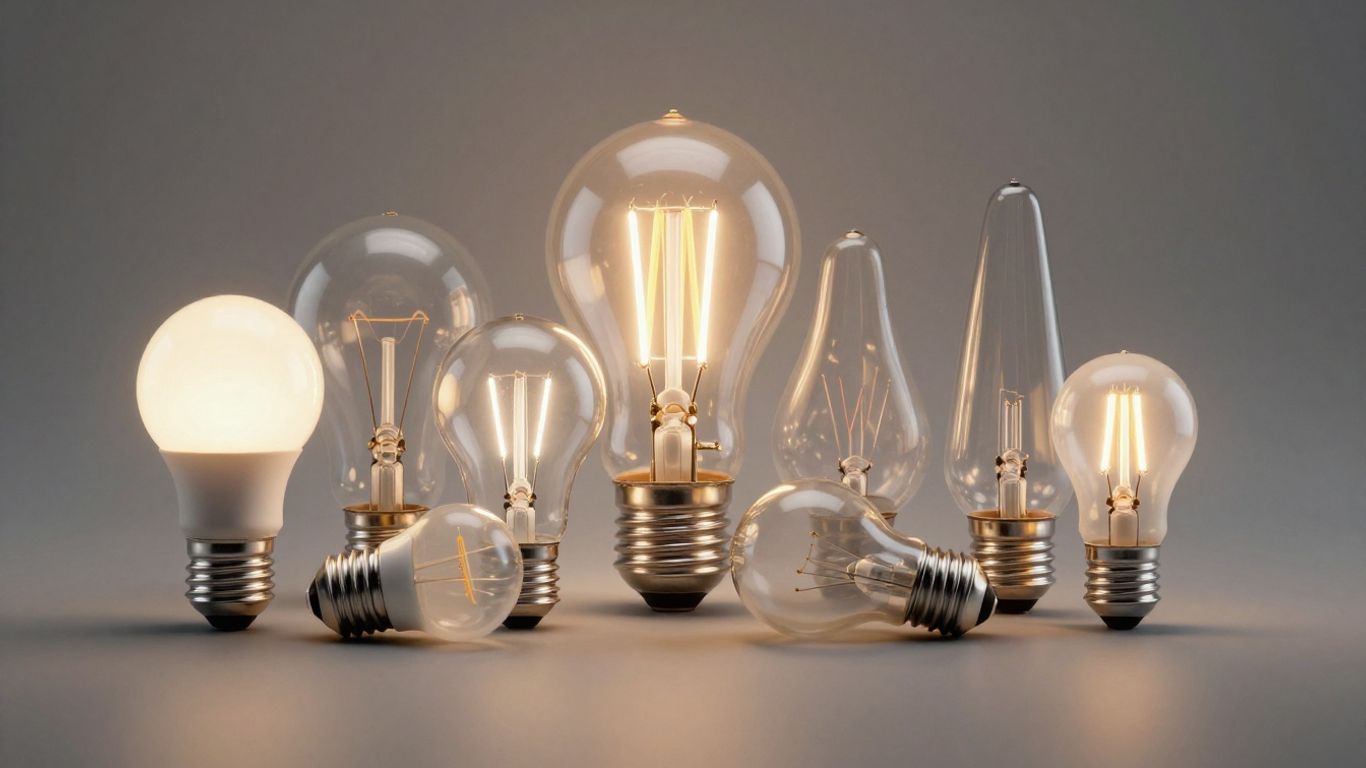 Various light bulbs including LED, incandescent, and halogen.