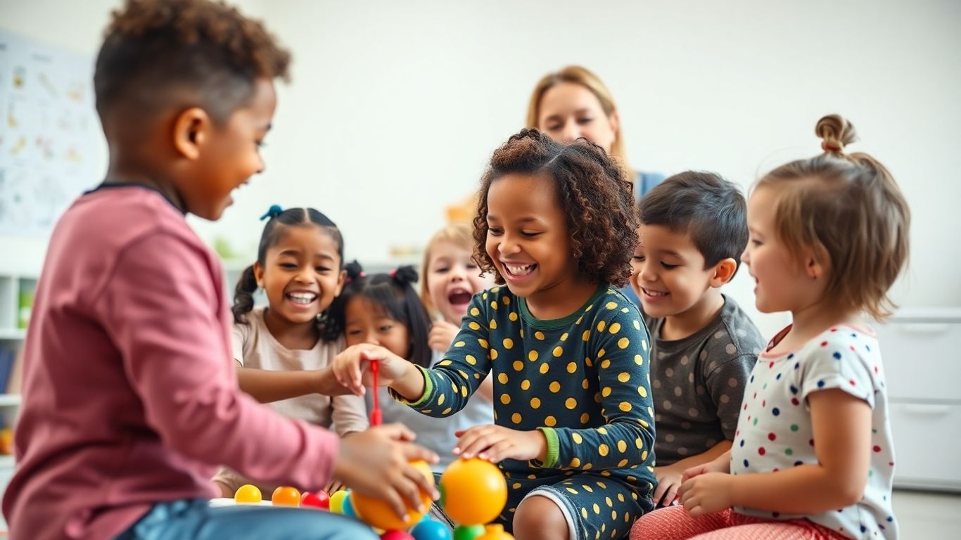 Children interacting positively in a kindergarten classroom.
