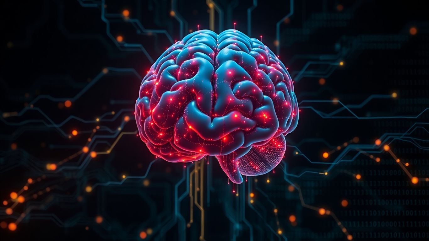 AI malware rewriting code, digital brain, shifting code, binary data