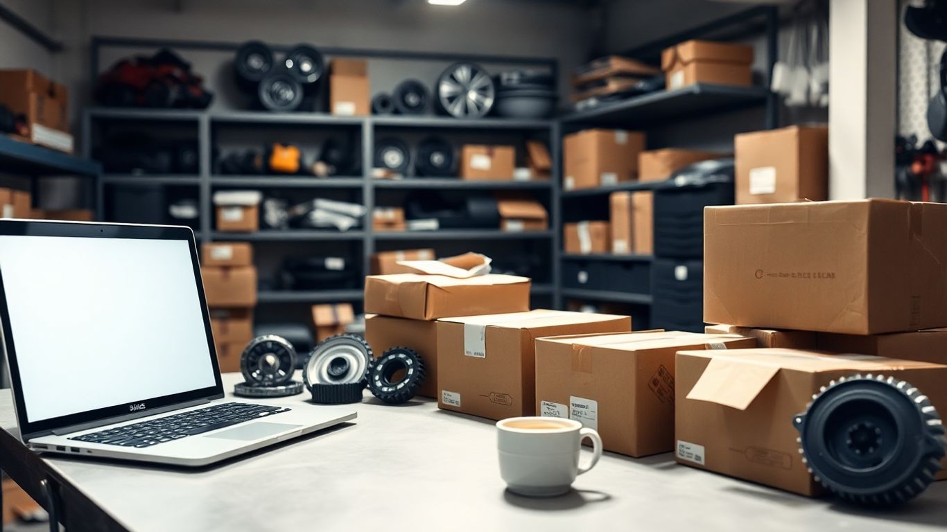Laptop, auto parts, and shipping boxes in garage workspace