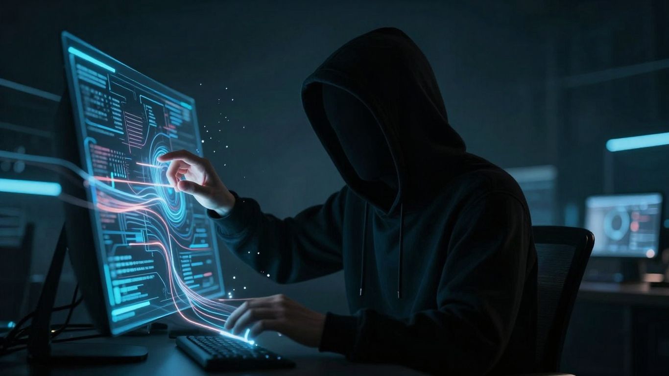 Hacker manipulating a digital interface with data streams.