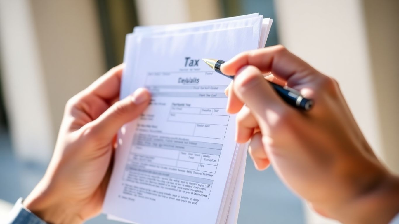 Pessoa a preencher documentos de IRS com caneta.