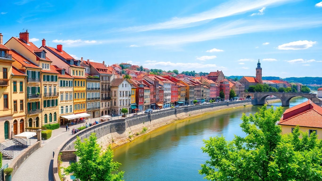 Colorful European cityscape with river and bridge.