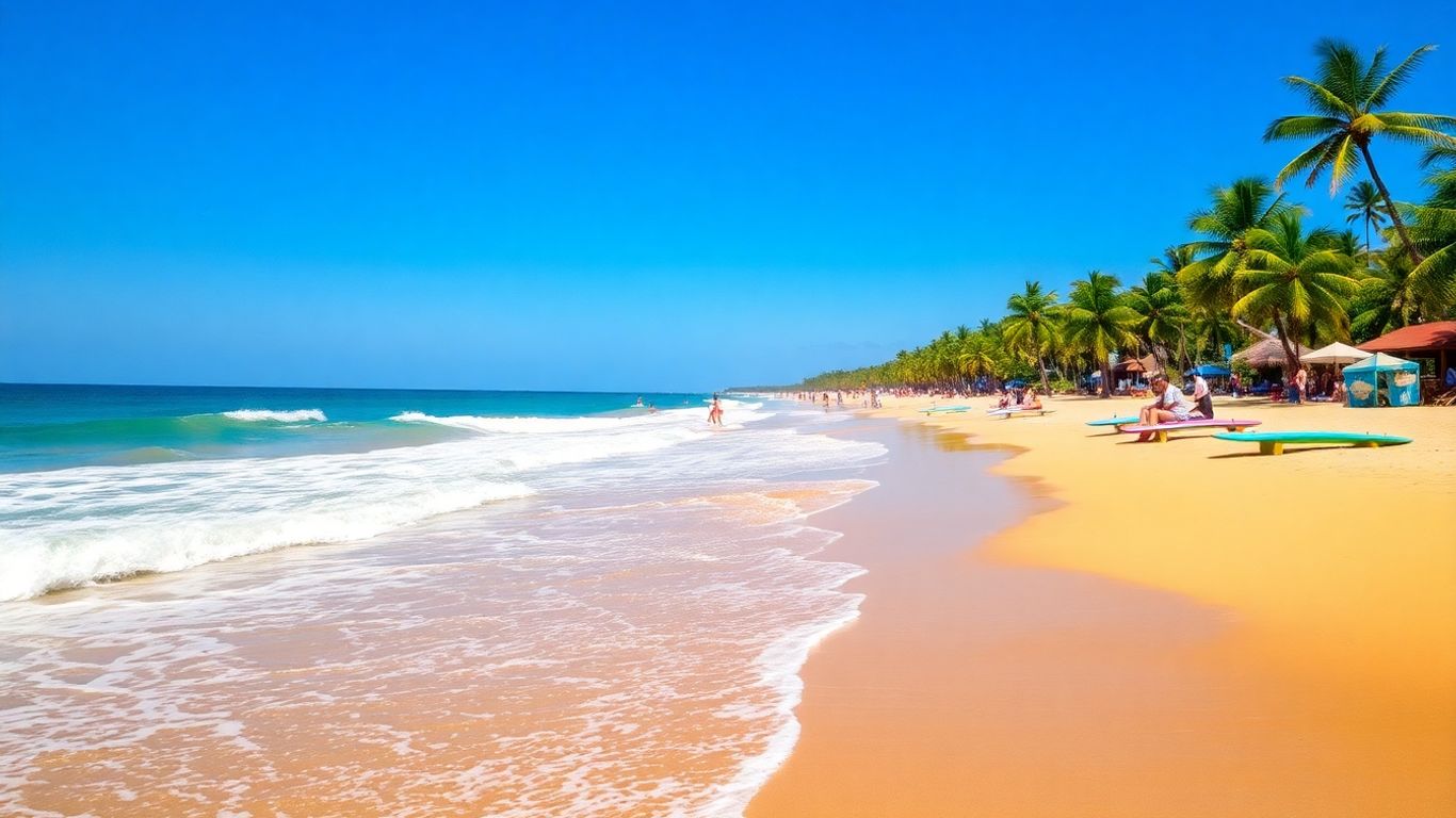 Kuta beach with waves, sand, and palm trees.