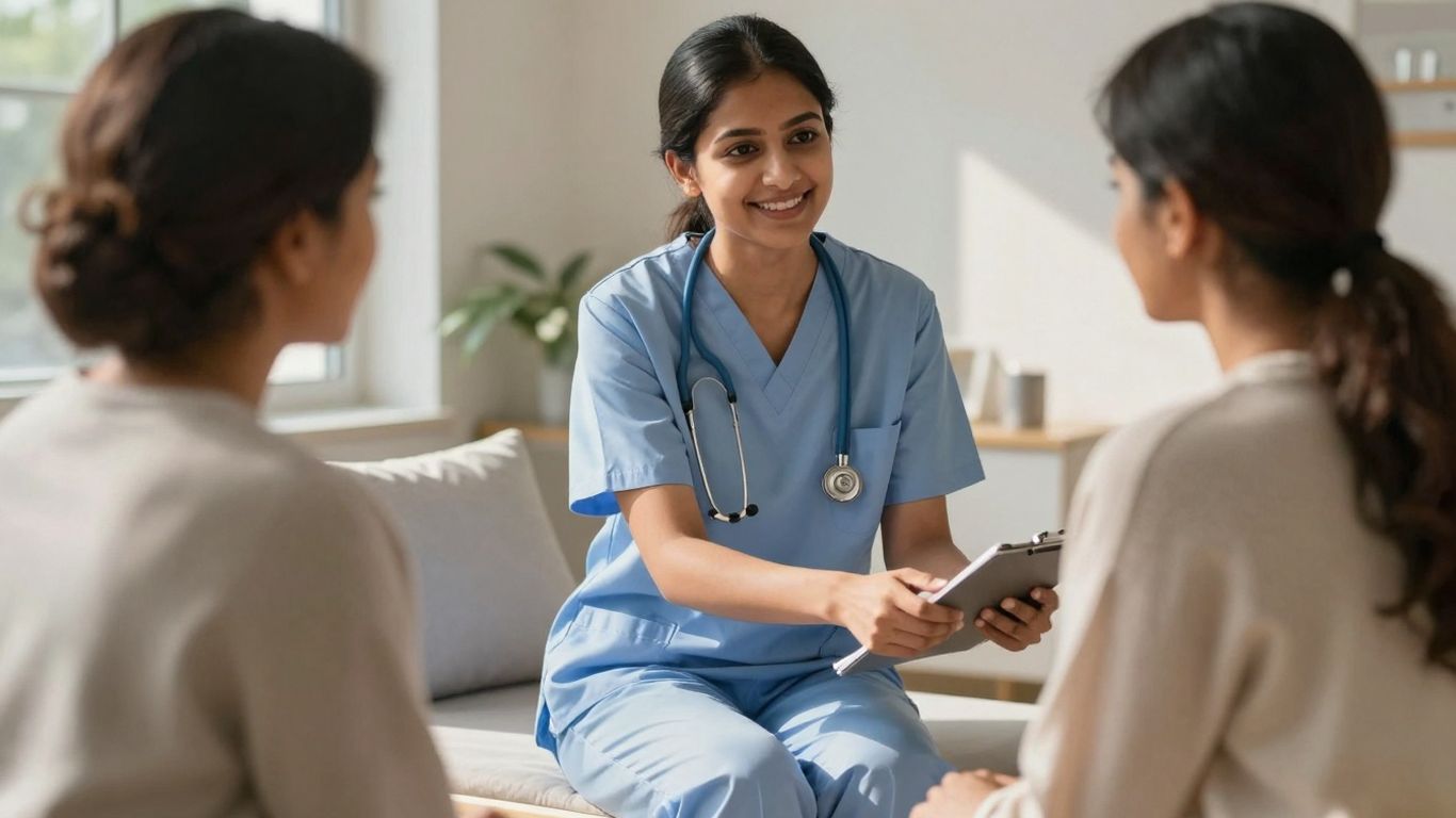 Nurse offering support to a patient in a healthcare setting.