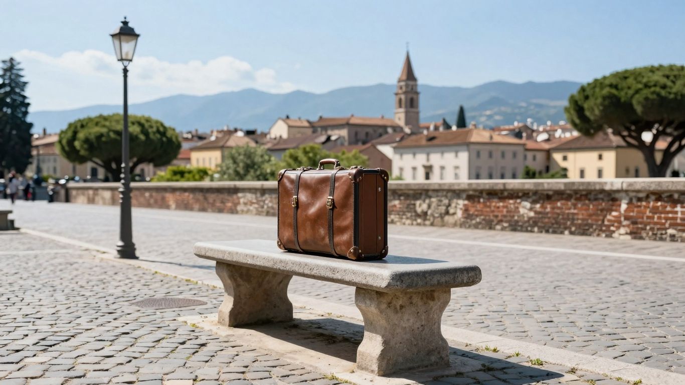 Malownicze europejskie miasto z walizką, gotowe do podróży.