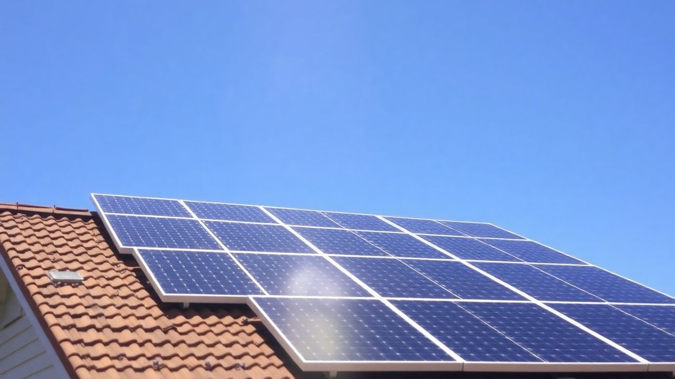 Panouri fotovoltaice pe acoperiș sub soare.