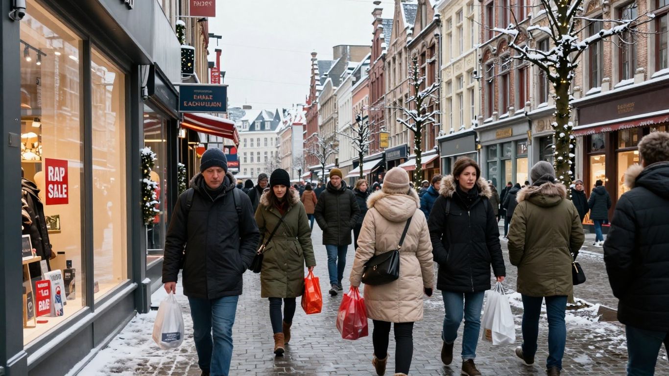 Belgian winter sales scene with shoppers and discounted items.