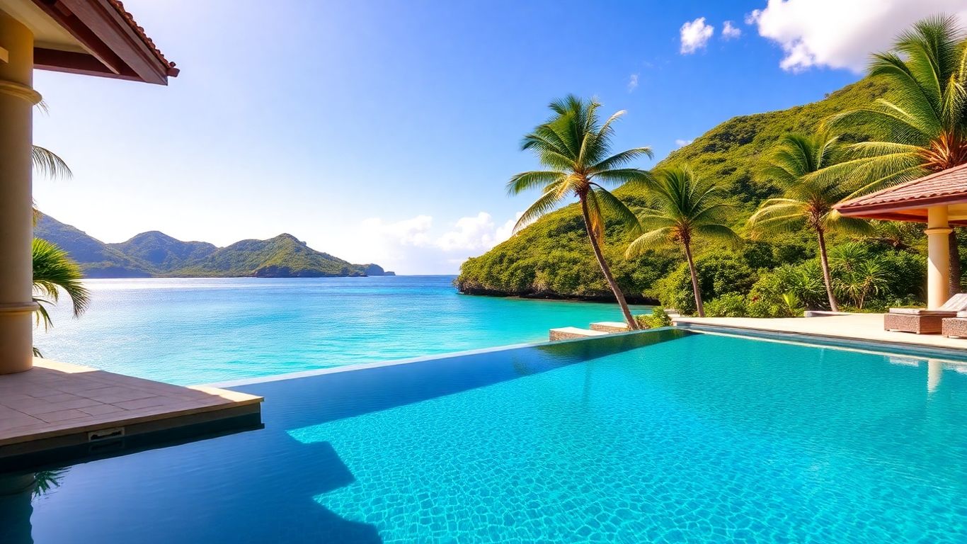 Luxury villa with ocean view and green hills.