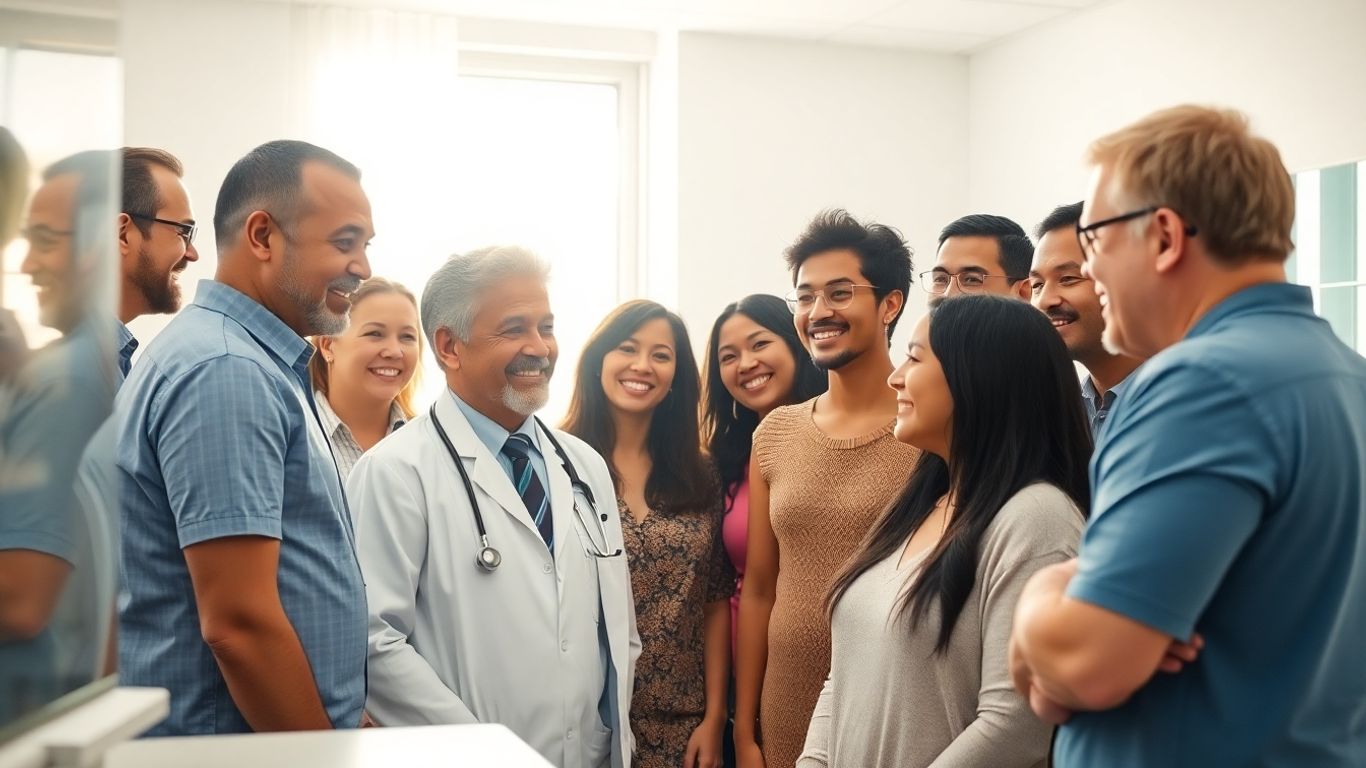 Doctor and patients in a modern, sunny clinic.