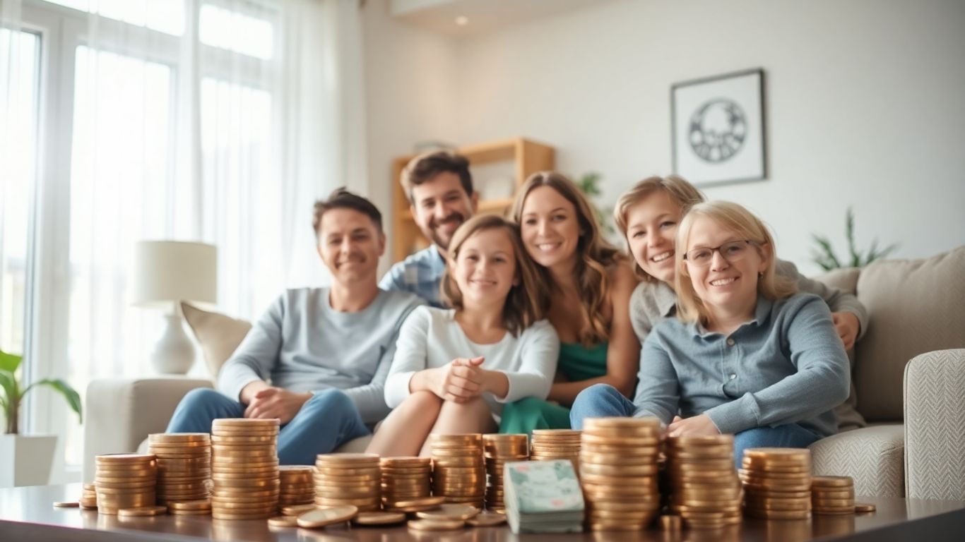 Familia feliz en casa con dinero ahorrado.