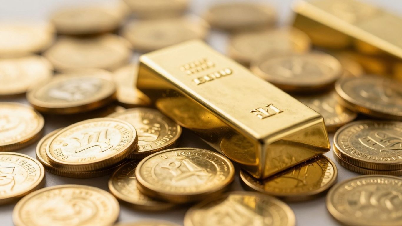 模糊背景上闪亮的金条和金币。