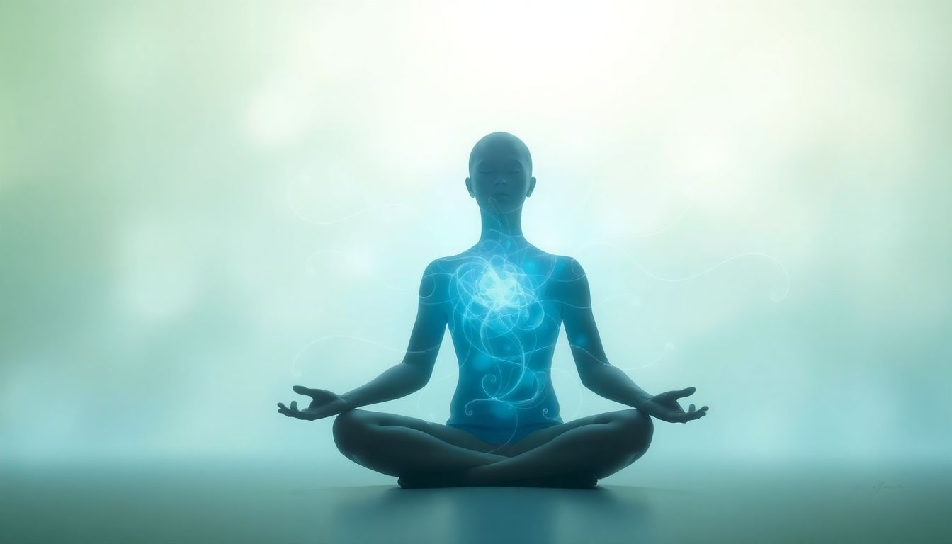 Person meditating with harmonious energy flow.