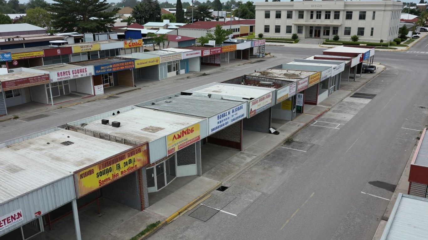 Empty storefronts on a deserted street, government building in distance.
