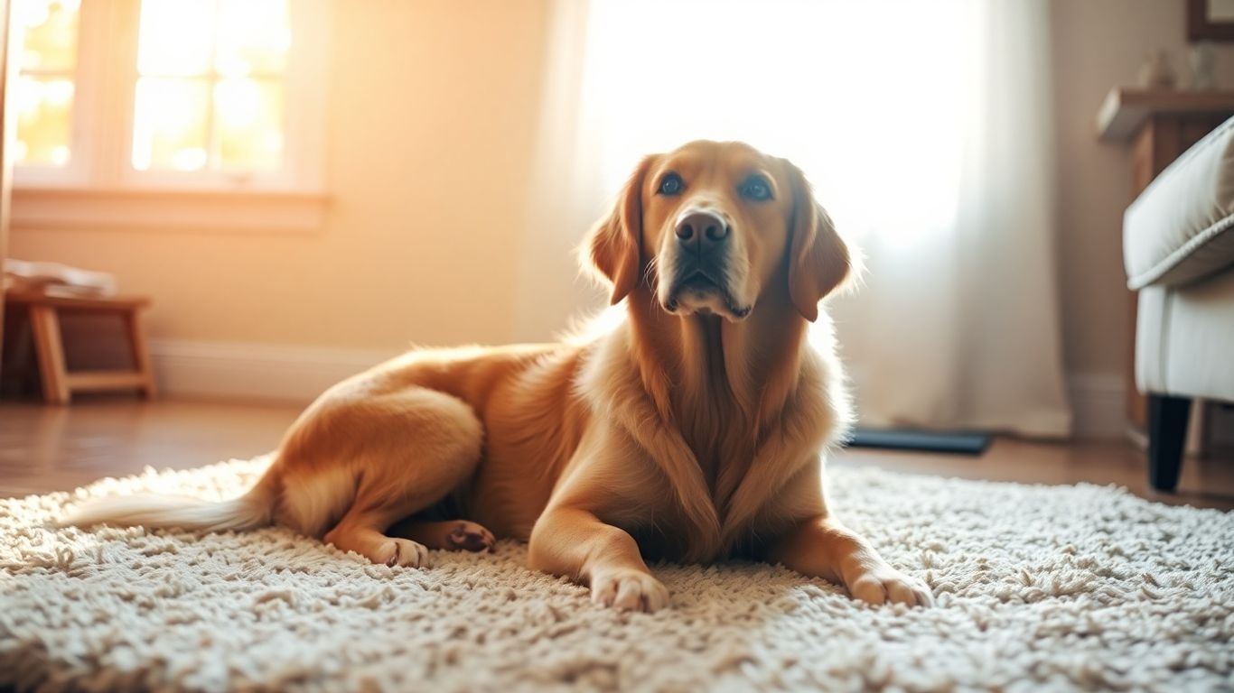Dog resting peacefully indoors with owner nearby.