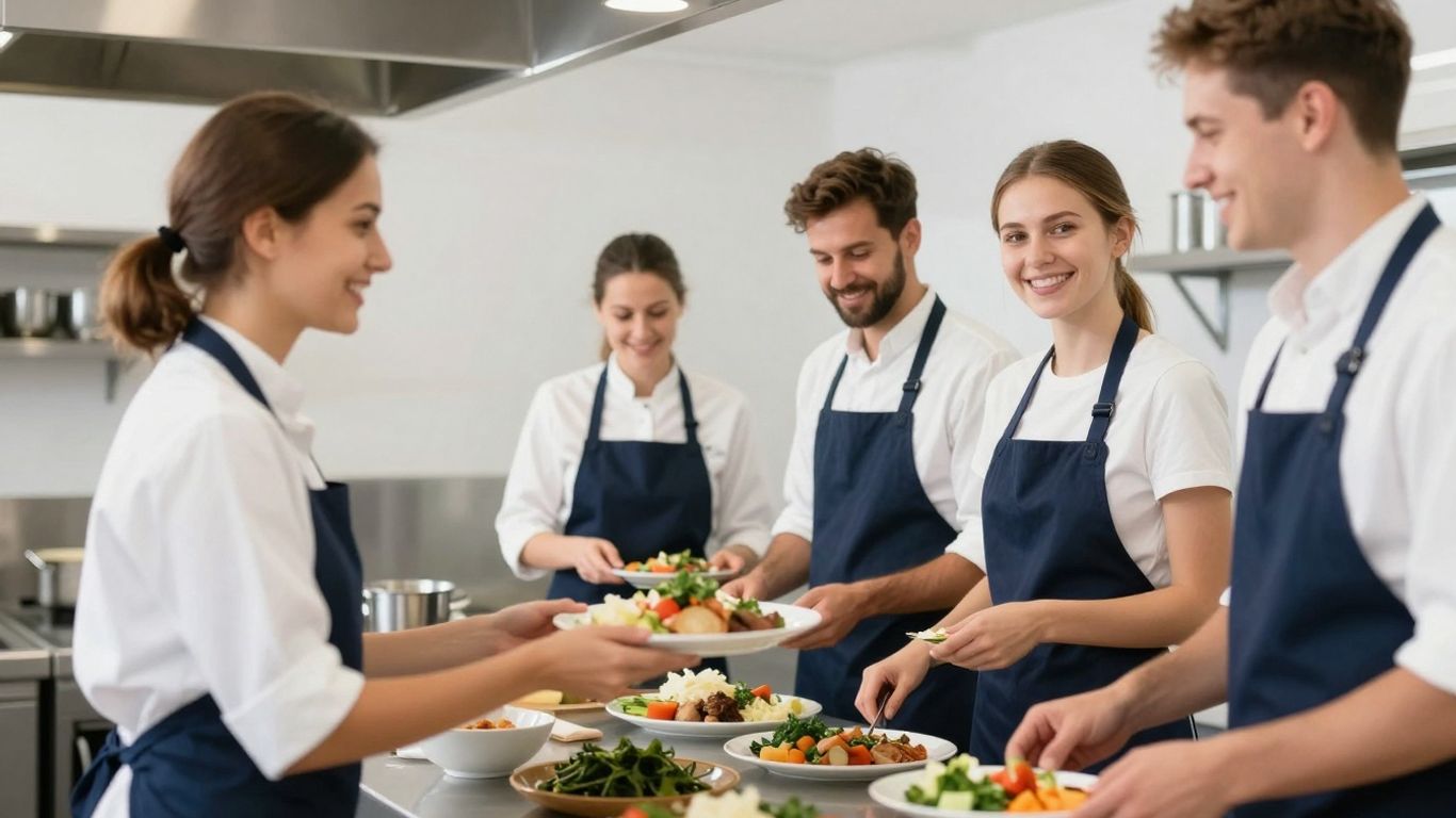 Gastronomi-Mitarbeiter lächeln und arbeiten in einer Küche.