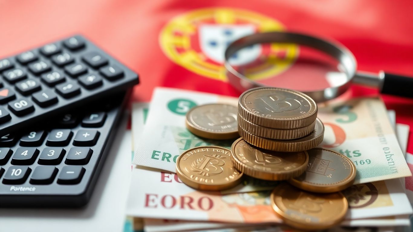 Moedas e notas de Euro com calculadora e lupa.