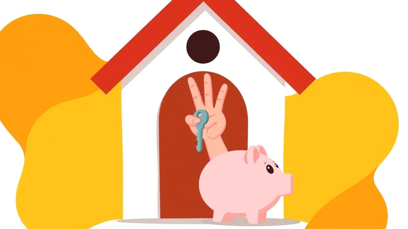 Cartoon house and 401(k) piggy bank with key.
