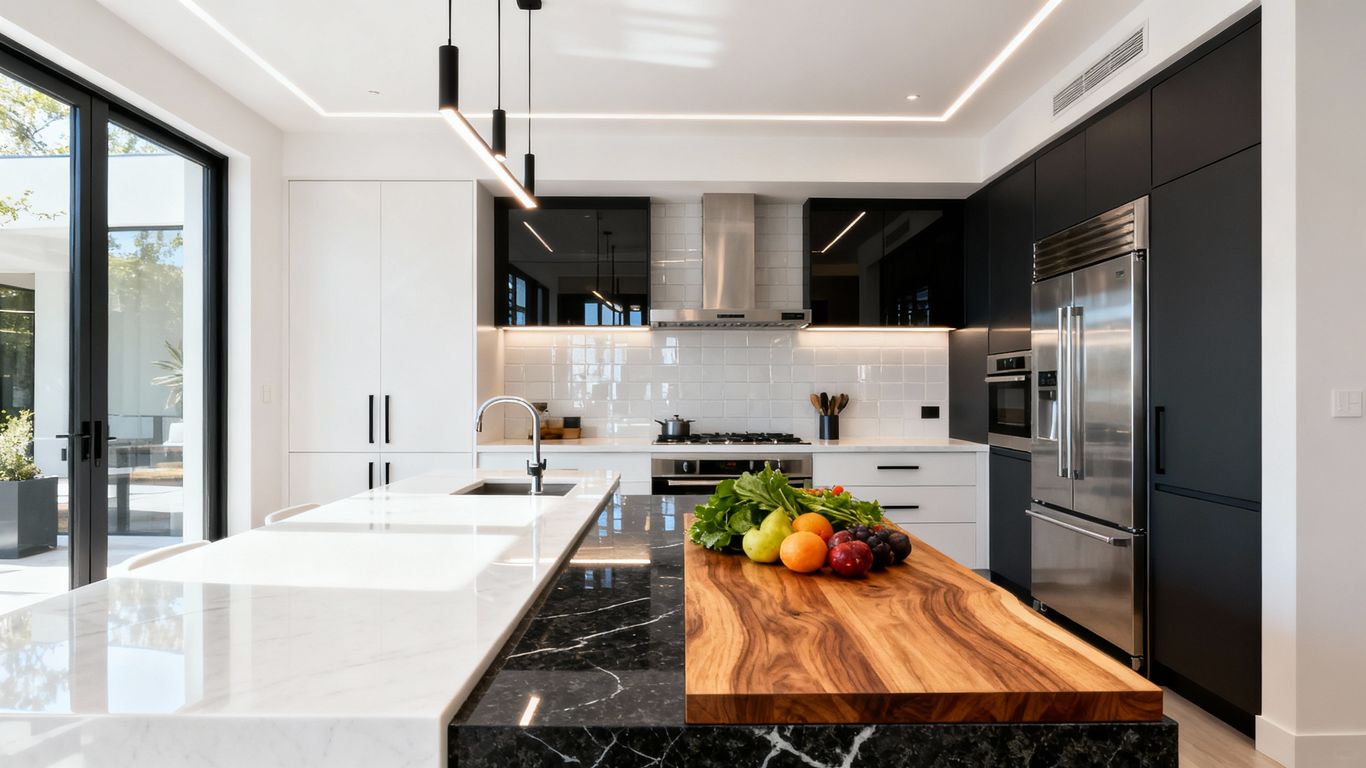 Kitchen island with quartz, butcher block, and granite countertops.