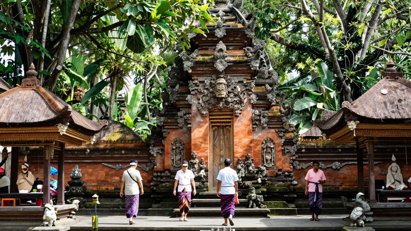 Balinese temple with tourists in sarongs