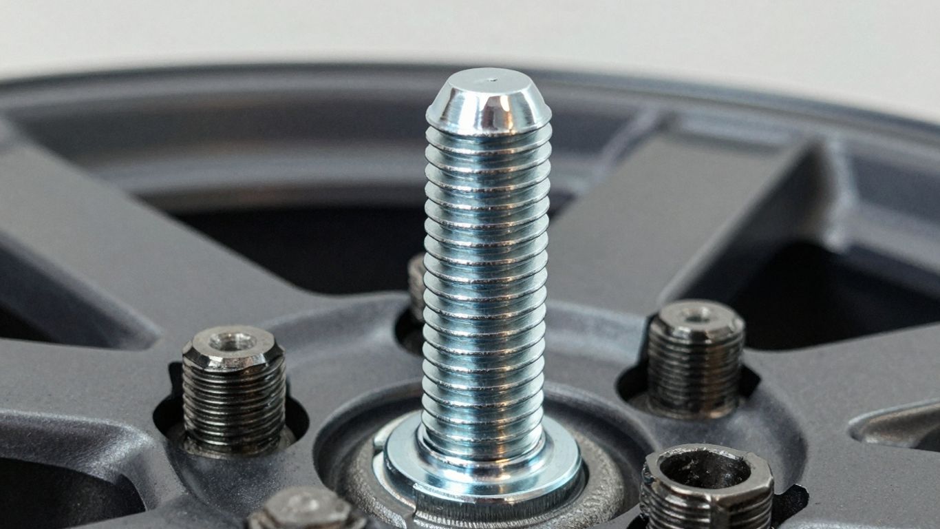 Close-up of a new aftermarket wheel stud being installed.