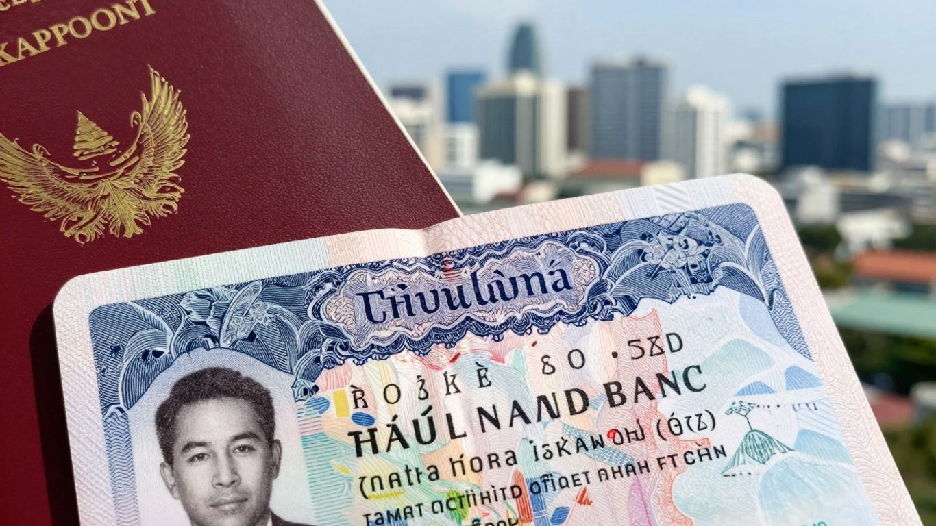 Thai visa stamp on passport with Bangkok skyline.