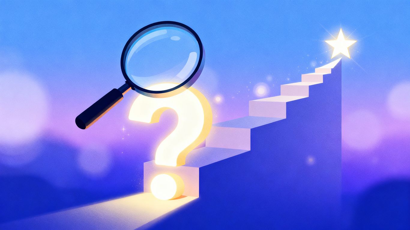 Magnifying glass over question mark, leading to a star.