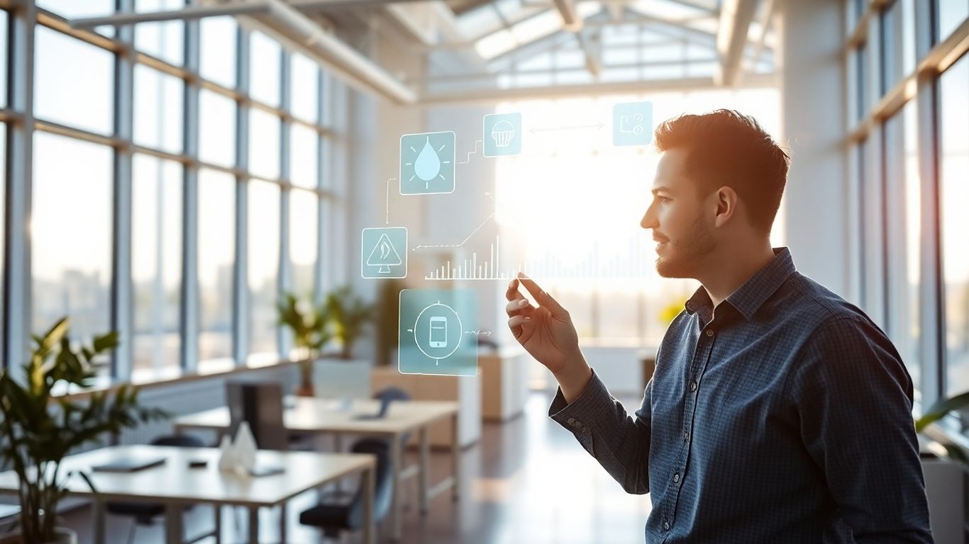 Person interacting with holographic energy display in modern office.