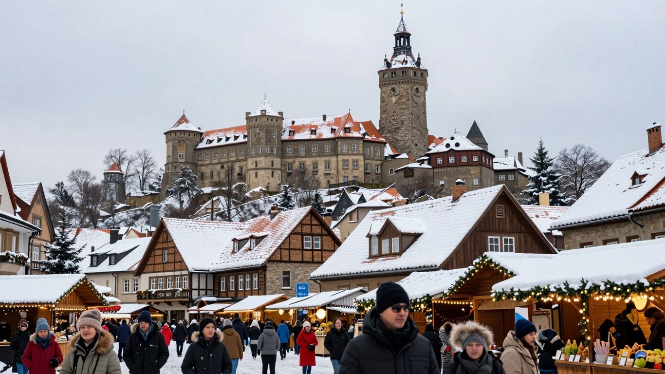 Winterliche Szene in Wernigerode mit Schloss und Markt.