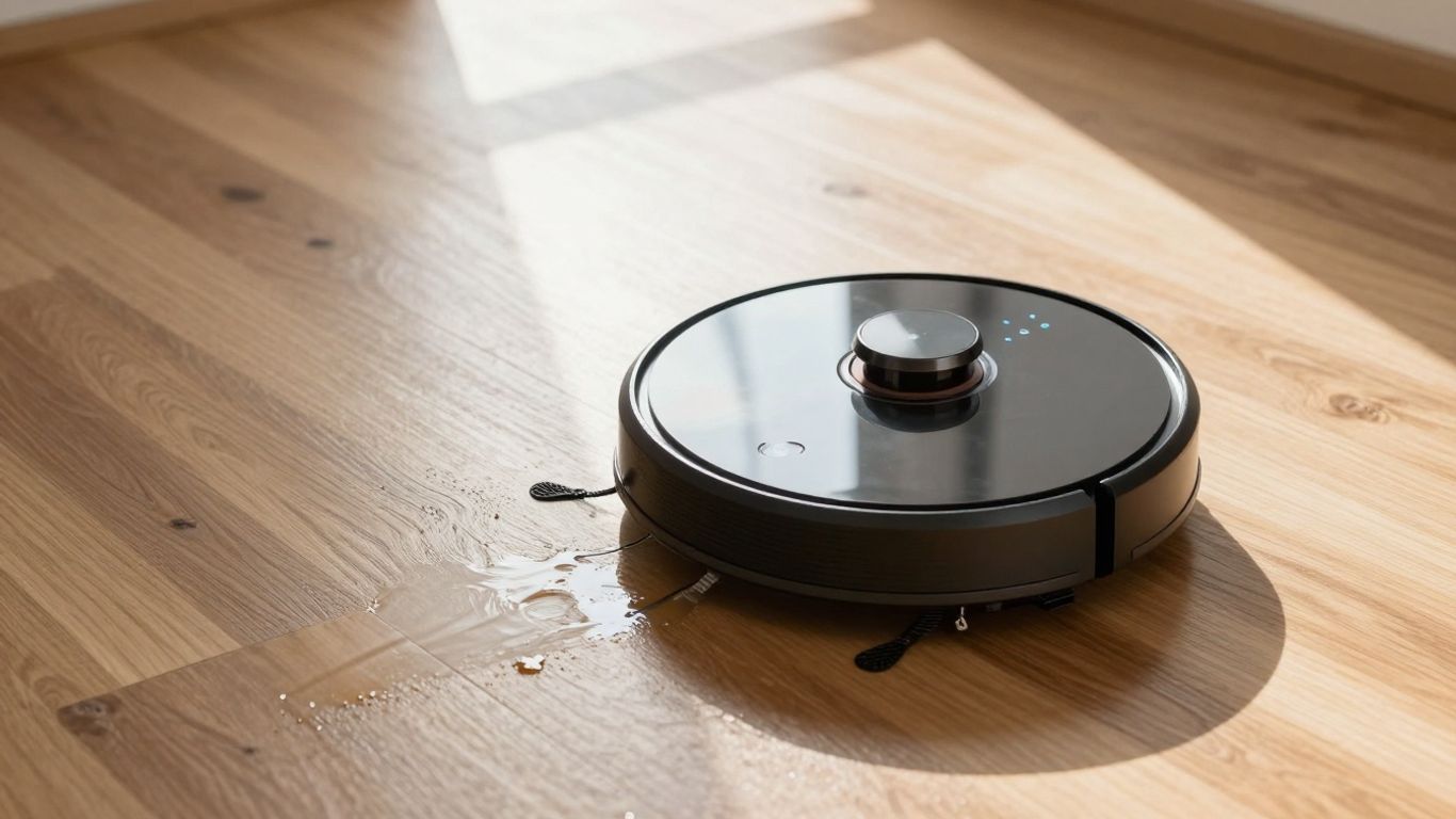 Robot vacuum and mop cleaning a shiny floor.