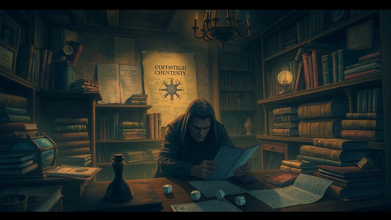 Call of Cthulhu RPG game setup with dice and books.