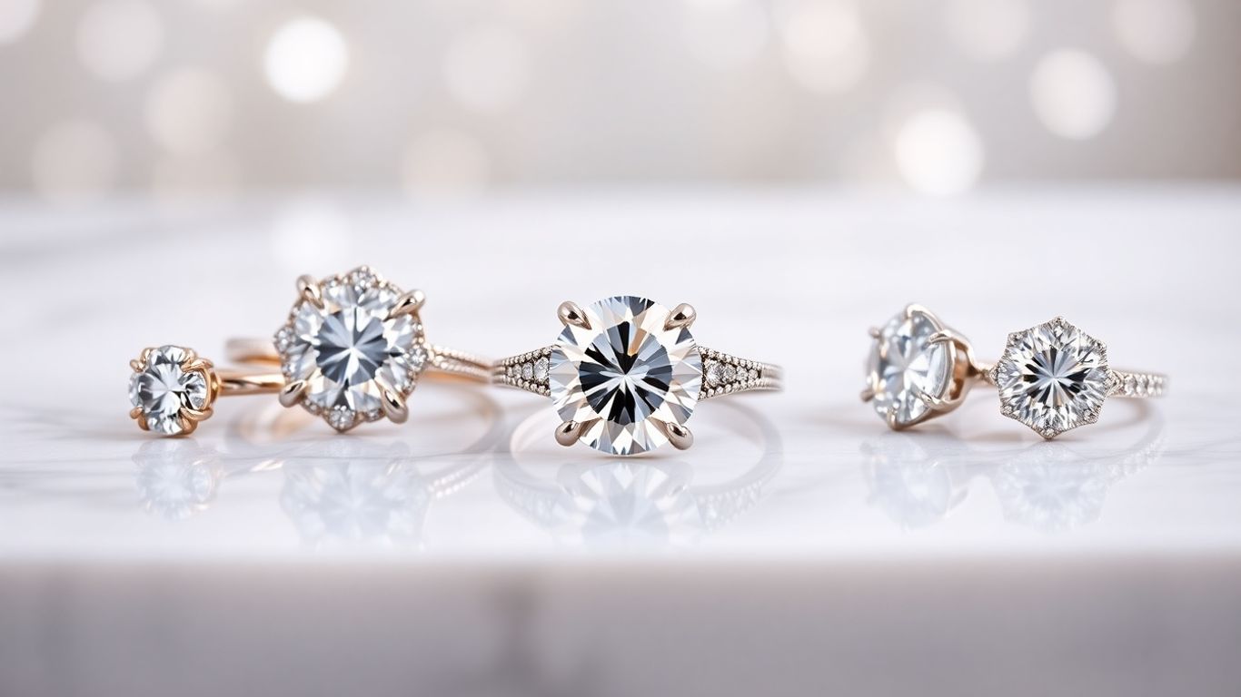 Moissanite rings and earrings sparkling on white marble