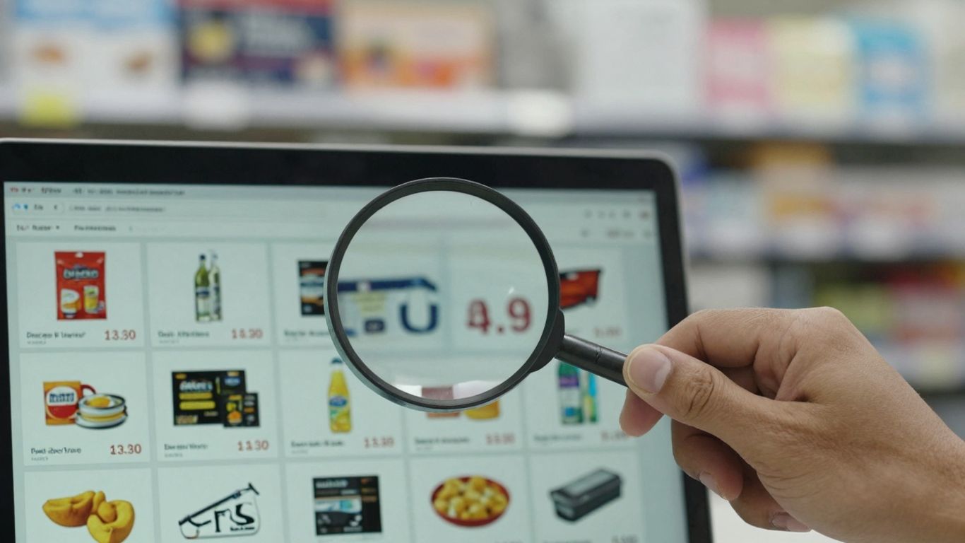 Laptopscherm met productvermeldingen en prijzen.