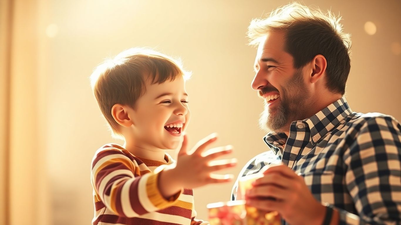 Father and child laughing together on Father's Day.