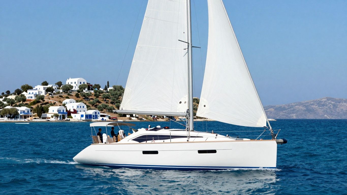 Bareboat yacht sailing in the Aegean Sea near Greek island.