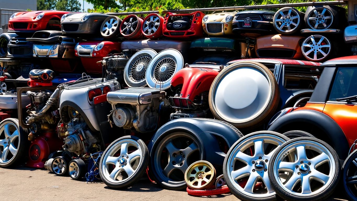Assorted Mini Cooper car parts at a wrecking yard.