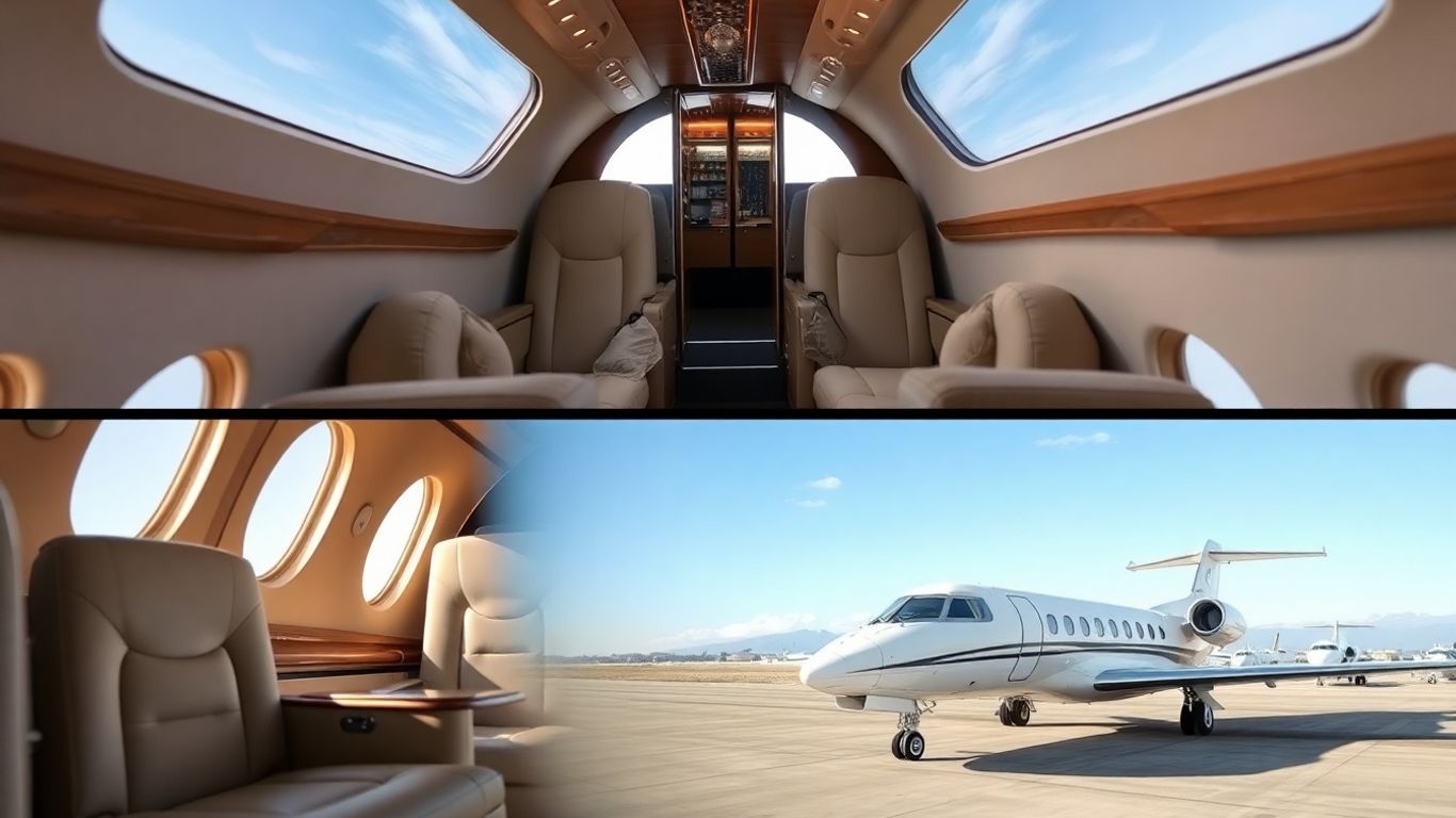 Private jet interior and exterior view.