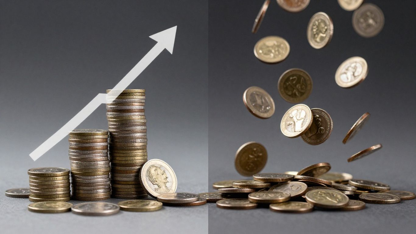 Monede în creștere și scădere, simbolizând inflația și deflația.