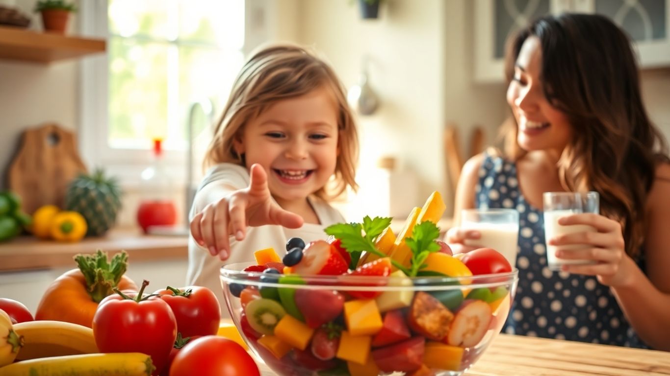 Copil fericit mâncând fructe și legume proaspete.