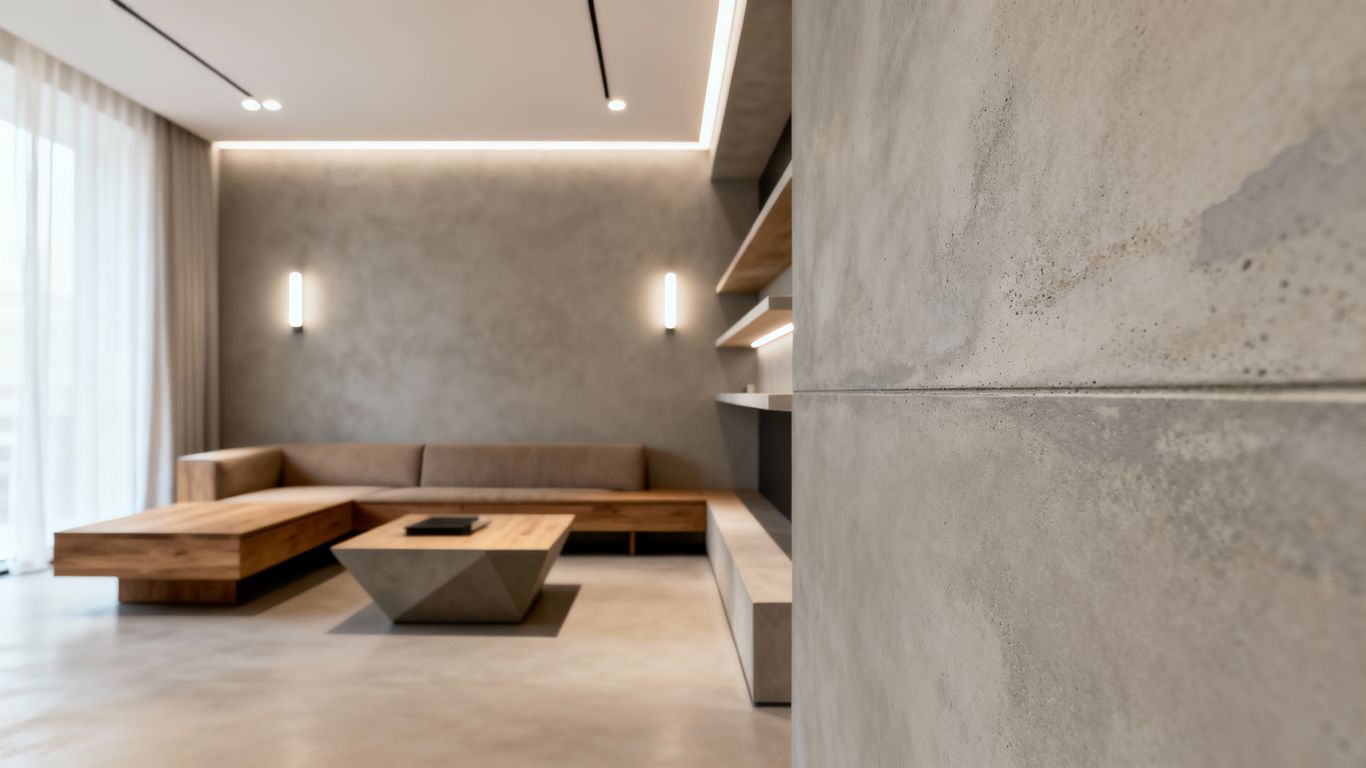 Micro cement interior with minimalist furniture and smooth walls.