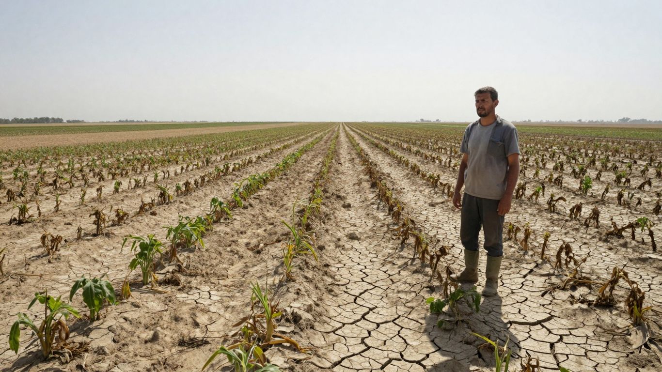 Câmp ars de soare, fermier îngrijorat, secetă.